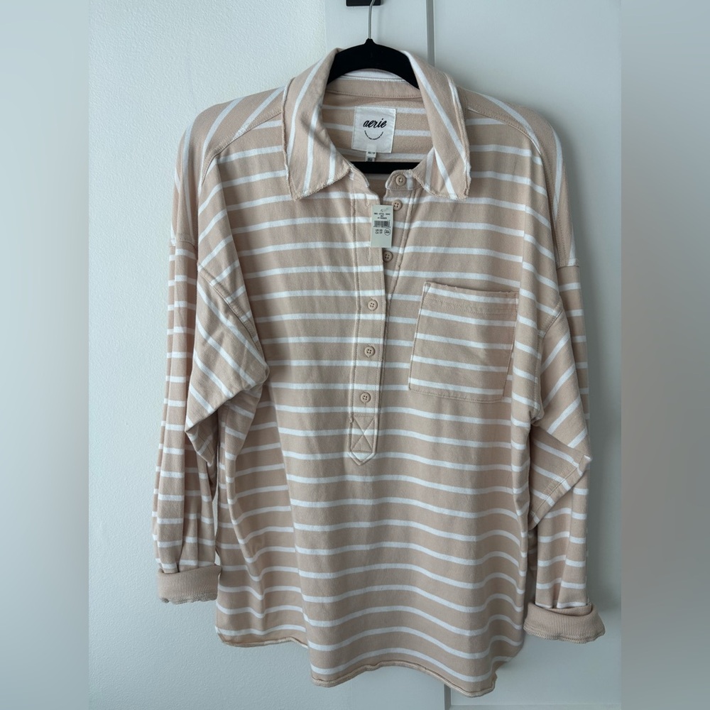 Aerie Beige & White Striped Long-Sleeve Polo Shirt - Brand New**